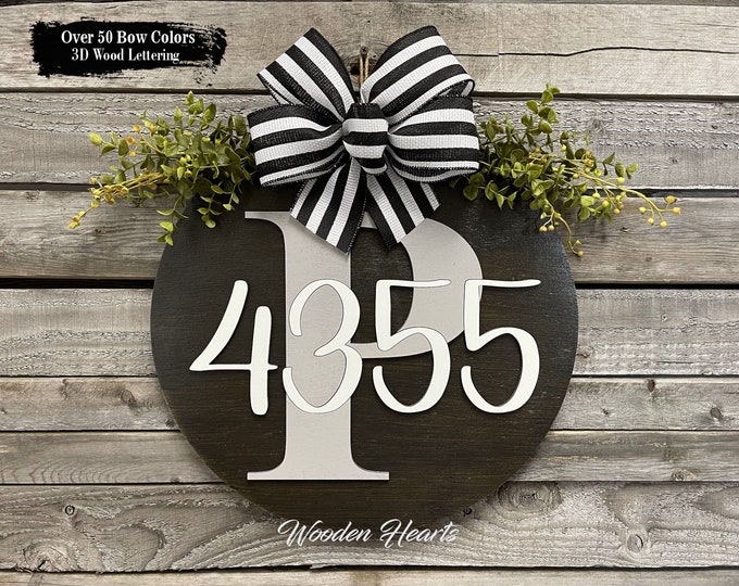 Custom MONOGRAM Door Hanger, House Number Address, 3D Wood Letter Name, Welcome Sign, Porch Wreath Bow, Housewarming Gift spring Decor,