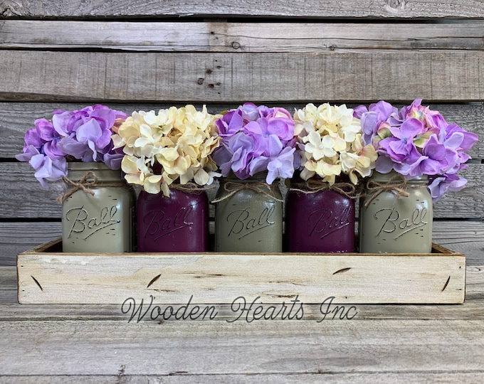 MASON Jar Decor Table Centerpiece (Flowers optional) -Antique TRAY with Handles 5 Ball Painted Pint Jars Distressed Wood Purple, Kitchen