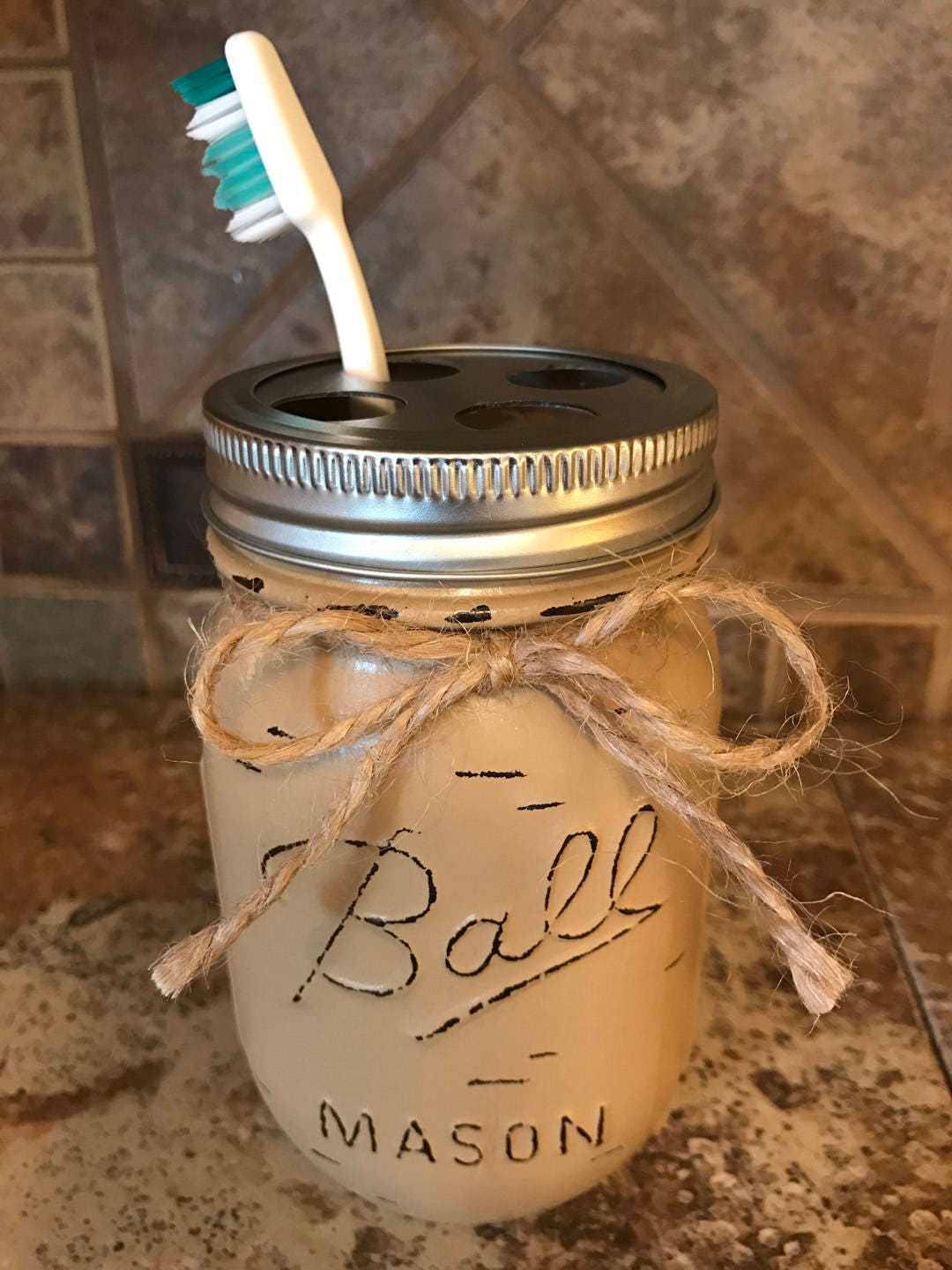TOOTHBRUSH Holder MASON Jar Bathroom Decor, Pint Ball Jars, Painted