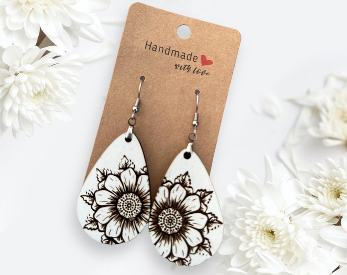 EARRINGS Sunflower Daisy [White Black] Stainless steel Hypo-Allergenic Hooks [ Hanging Dangle Boho] Light weight Wood Holiday Gift