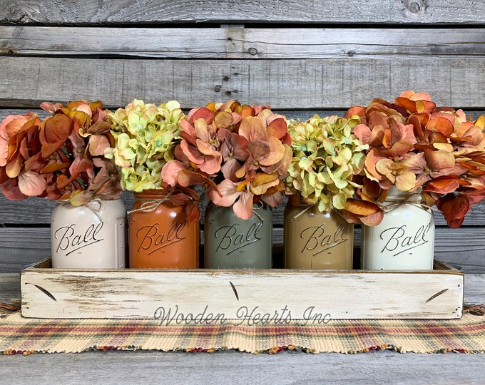 FALL MASON Jar Decor Thanksgiving Centerpiece, Tray +5 Ball Jars, Kitchen Table Centerpiece, Fall Table Decor, Housewarming Gift, Fall Decor