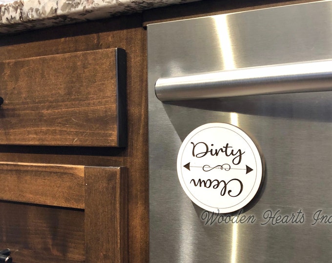 Dishwasher MAGNET CLEAN DIRTY Sign Indicator with Strong Magnet Round Flip Engraved White Flip Clean/Dirty Dish Wash Load Kitchen Organizer