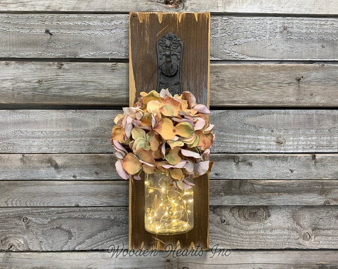 Wall Jar LIGHTED SCONCE (Flower optional) *String Lights *Battery Operated 6 Hour Timer *Metal Hook -Reclaimed Distressed Rustic Brown Wood