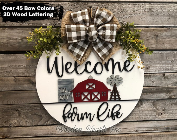 WELCOME to our Farm Life FARMHOUSE Sign | Windmill | Front Door Hanger | 3D Spring Wreath | Housewarming Wedding Anniversary Gift Dad Mom