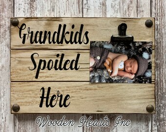 Grandkids Sign for Photos PICTURE HOLDER Wall Dogs Spoiled Here PHOTO Frame with Clip White Gray Wood Gift Grandma Grand Kids baby dog 4X6