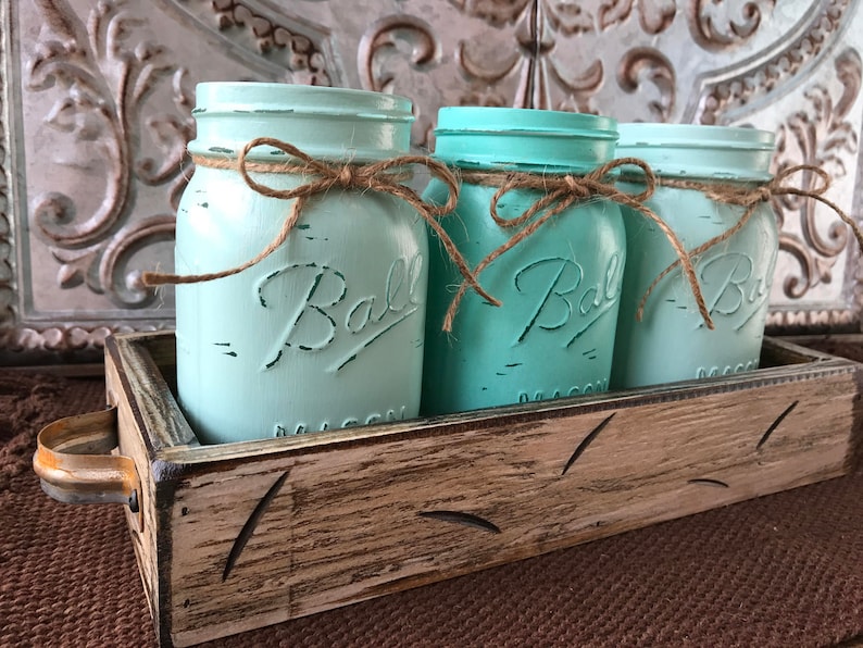Flowers optional 3 Ball Canning Painted Pint Jars Distressed Wood MASON Jar Decor Centerpiece -Antique White TRAY with Reclaimed Handles