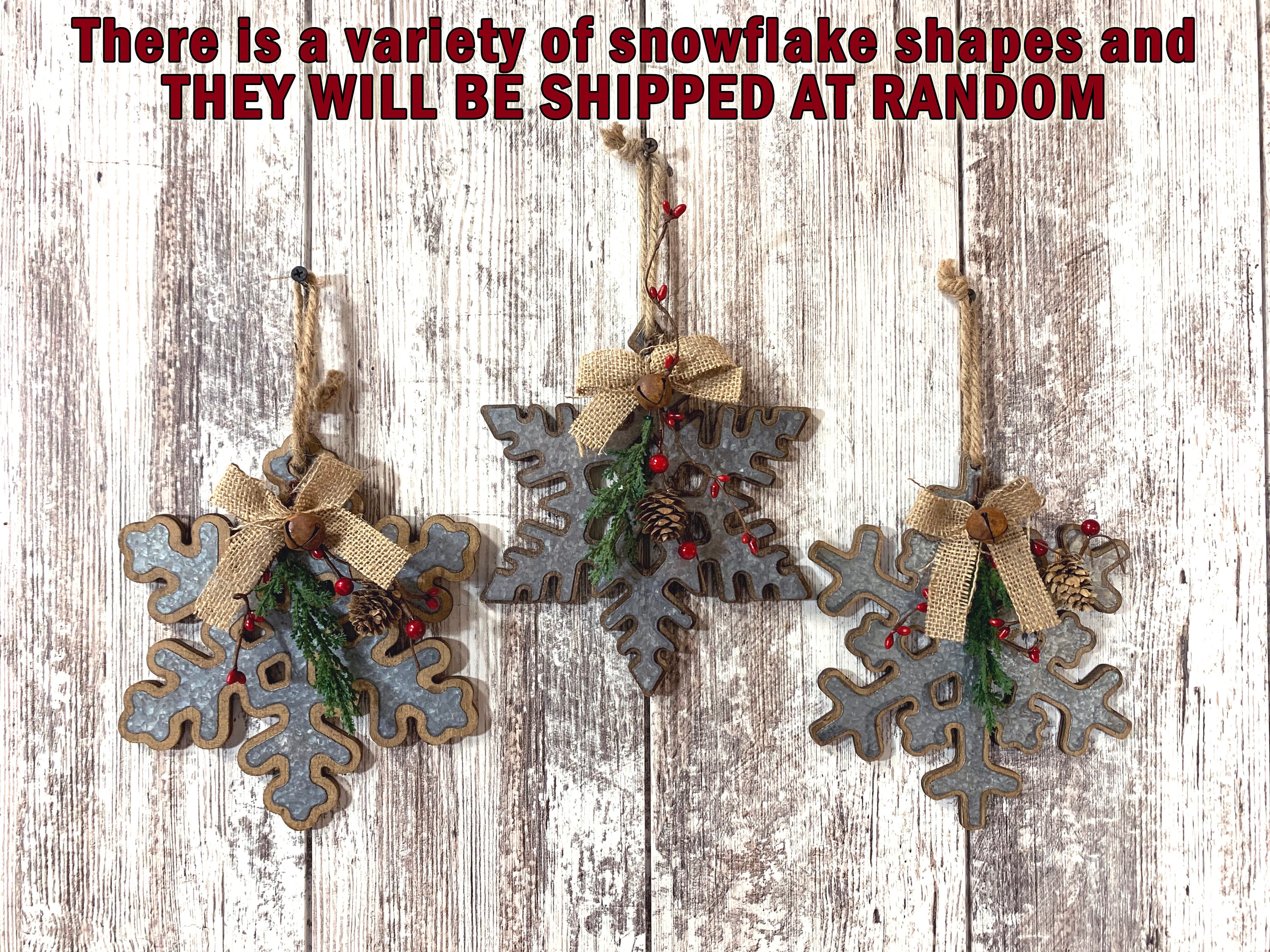 CHRISTMAS DECORATIONS RUSTIC Xmas Decor Snowflake *Farmhouse Wood Metal  Wall Hanging Galvanized Pine Berries Bell Country 8 or 12 Ornament