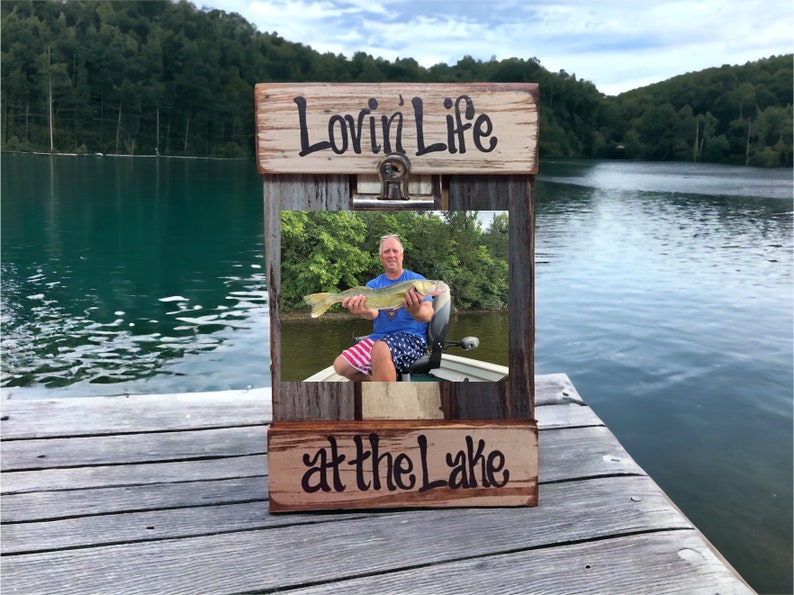 Lake PICTURE FRAME Photo SIGN Reclaimed Lovin Life at the Lake on the Farm Farmhouse Wall Decor Cream Blue Green Wood Fisherman Farmer Gift image 6