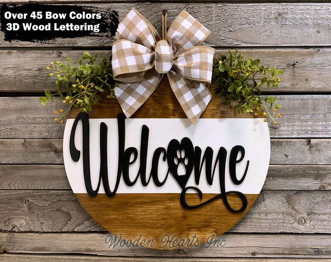 Pawprint WELCOME Sign Front Door Hanger 16" Round with STRIPE, 3D Wood Wreath Cotton Bow Greenery, Everyday Sign, Fall Door Sign, Fall Decor