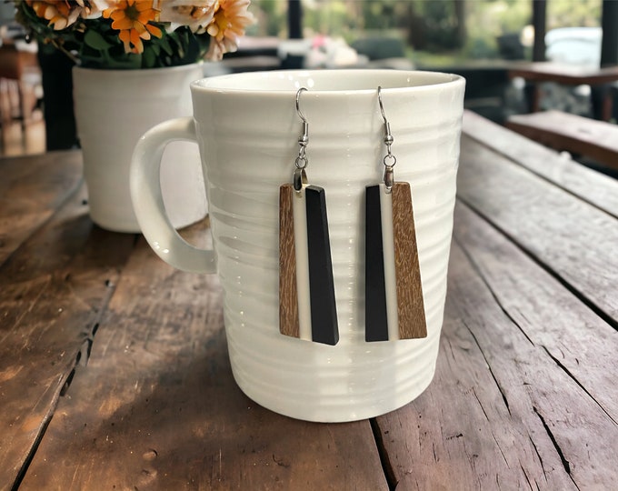 EARRINGS Natural Wood  [White + Black Resin] Stainless steel Hypo-Allergenic Hooks [ Hanging Dangle Boho] Light weight Wood Holiday Gift