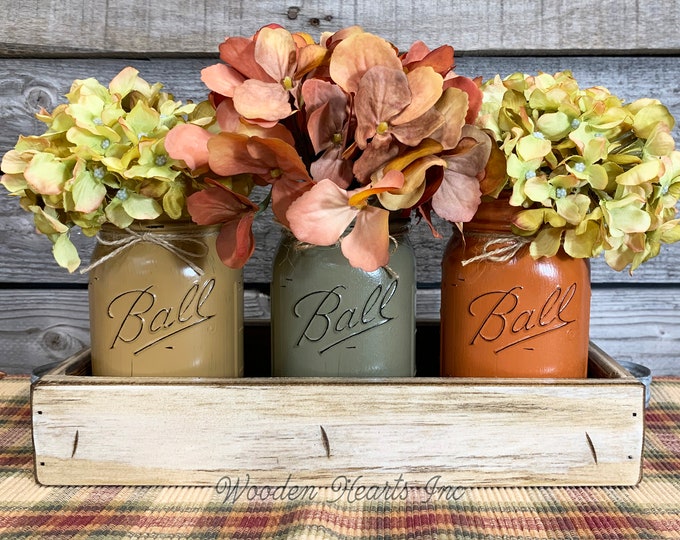 FALL MASON Jar Decor for Thanksgiving Centerpiece, Wood Tray + 3 Ball Jars, Kitchen Table Centerpiece, Table Decor, Gift (Flowers optional)