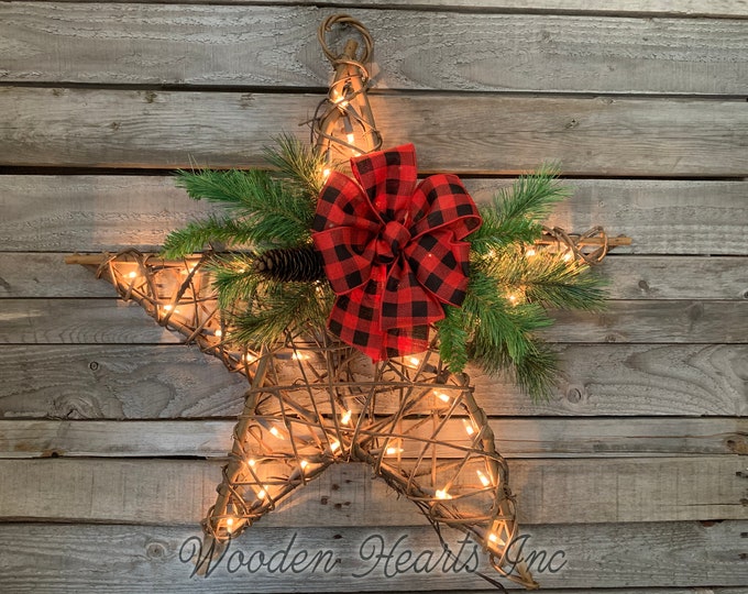 Lighted STAR RATTAN Christmas Decor with Buffalo Plaid Bow and Warm White Lights, 24x24, Large wall hanging, Festive Holiday Xmas