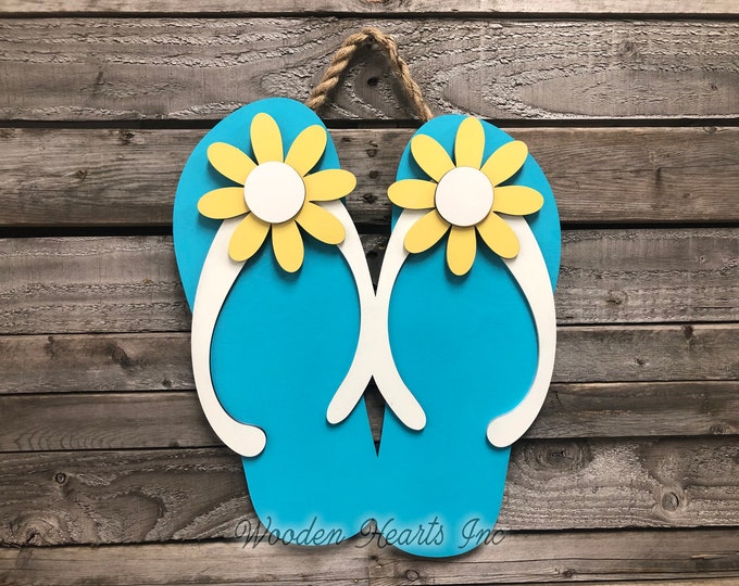 FLIP FLOPS SIGN, Wood Wall Beach House, Door Hanger, Ocean Summer Welcome Lake Flip Flop 3D Cutout Shaped Decor Yellow Blue White Flowers