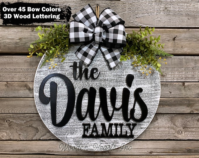 Front Door Decor, Personalized Hanger, Welcome Wreath + Custom Family Last Name + Bow, Everyday Sign 16" Round, Fall Sign, Housewarming Gift