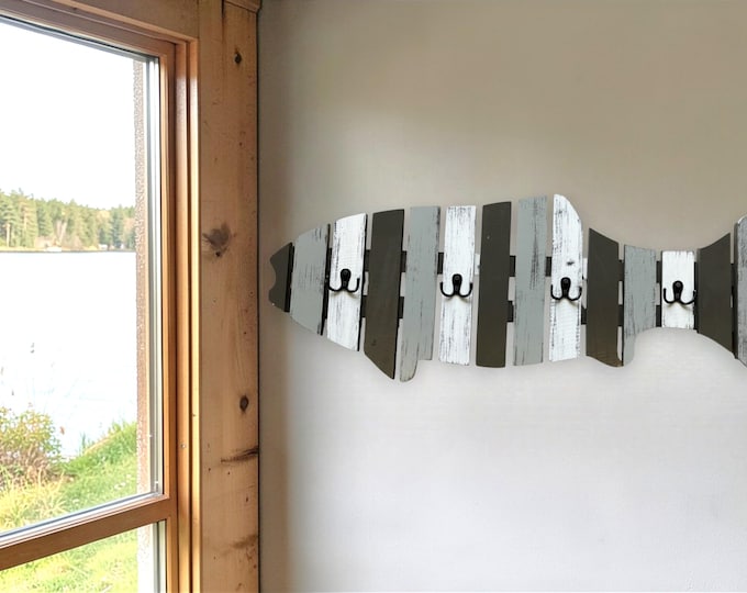 Reclaimed Wood Fish Coat Rack, Lake House Towel Hanger