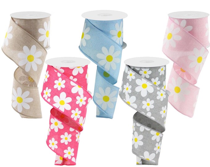 DAISY Flower RIBBON roll of Wired 2.5" wide X 10 Yard, Create Spring bows, Tan, Pink, Blue, Gray, 1 ROLL