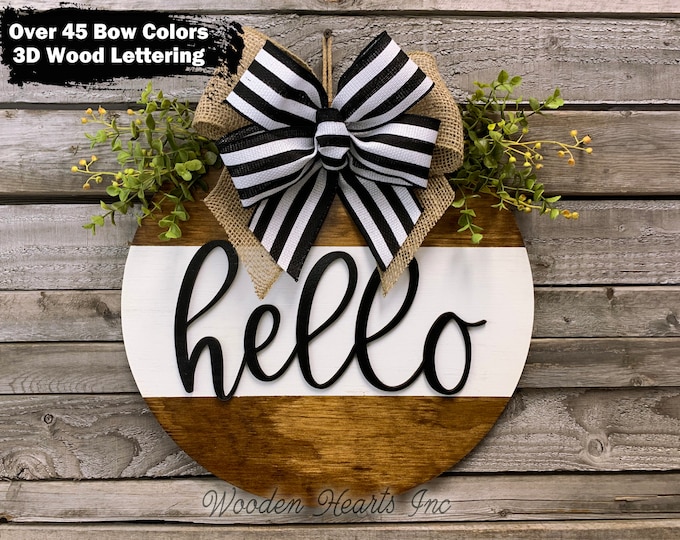 HELLO Sign for Front Door Hanger 16" Round with STRIPE, 3D Wood Wreath Everyday Welcome Wall Sign, Spring Decor, Housewarming Gift