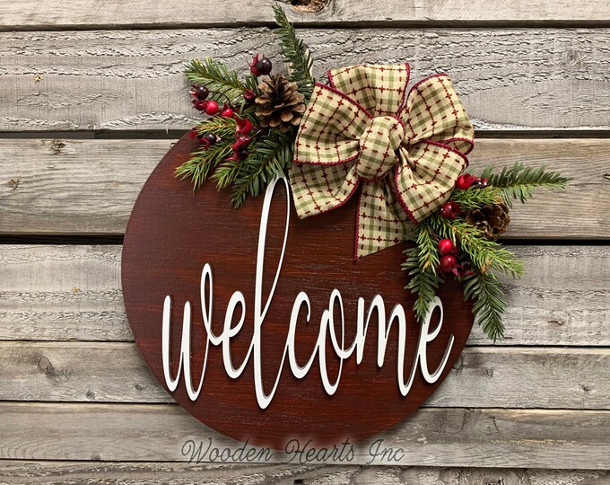 Christmas Welcome Holiday Door hanger Welcome Wreath Wood Round Sign Greenery, Hello Sign, Merry Christmas, 12" or 16" 3D Wood Lettering Bow