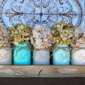 MASON Jar Kitchen Decor Centerpiece (Flowers optional) -Antique TRAY with Reclaimed Handles 5 Ball Canning Painted Pint Jars Distressed Wood