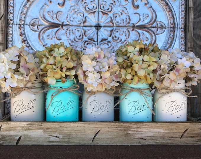 MASON Jar Kitchen Decor Centerpiece (Flowers optional) -Antique TRAY with Reclaimed Handles 5 Ball Canning Painted Pint Jars Distressed Wood