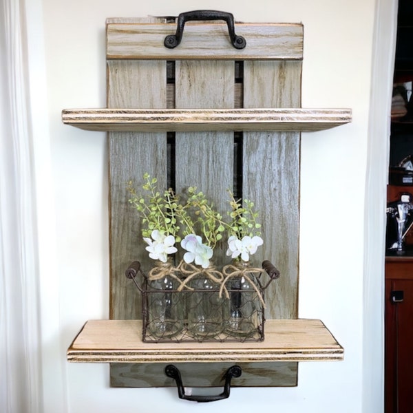Distressed Wood Wall Shelf with Metal Handles, Rustic Home Decor
