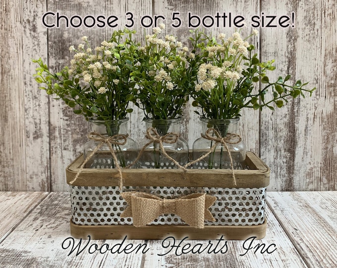 Centerpiece for Table *Farmhouse Tray with BURLAP BOW 3 or 5 glass bottle jars (greenery is optional) *Rustic Wedding Decor *Flowers *Gift