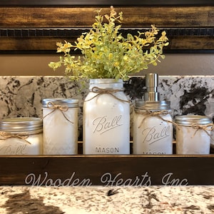 MASON Jar Bathroom Decor American WALNUT Tray Set, Cotton Ball, Toothbrush Holder, Quart Vase with Flower, Soap Dispenser, Mini Q-tip Jars