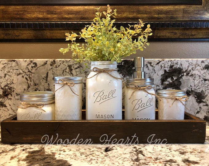 MASON Jar Bathroom Decor American WALNUT Tray Set, Cotton Ball, Toothbrush Holder, Quart Vase with Flower, Soap Dispenser, Mini Q-tip Jars