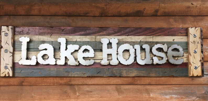 LAKE HOUSE Rustic Sign Reclaimed Shutter Distressed Industrial Navy Blue Green Burgundy Metal Large Pallet Wall Cabin Gift Home Decor Log