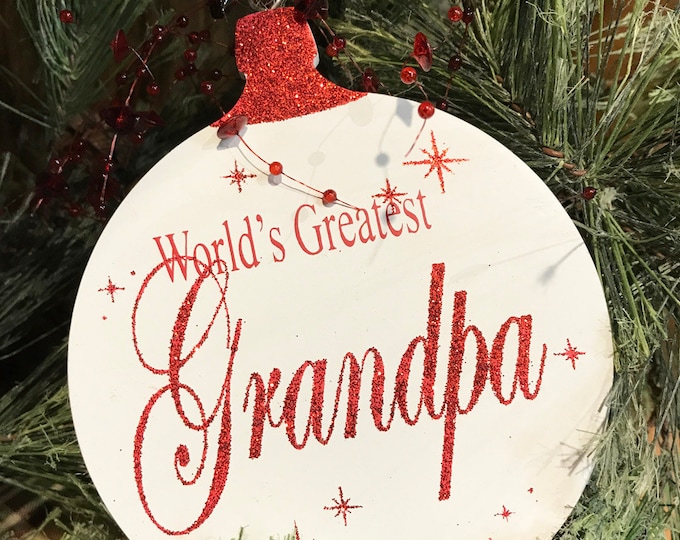 ORNAMENT World's Greatest Grandpa Grandma, Baby's First Christmas Tree Memory Gift for a boy or girl * Red Glitter on White Wood Hanging Orn