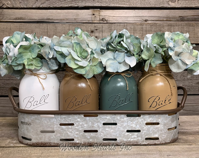 Centerpiece Galvanized Tray with Handles with optional pint or quart jars and flowers, Farmhouse Table Decor, Oval Olive Tray, Metal Country