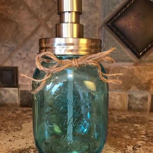 Jar Soap Dispenser Stainless Steel Silver *Clear SAPPHIRE Blue *Twine *Kitchen Bathroom Decor *Liquid Dish Soap Hand Lotion *Country Cottage