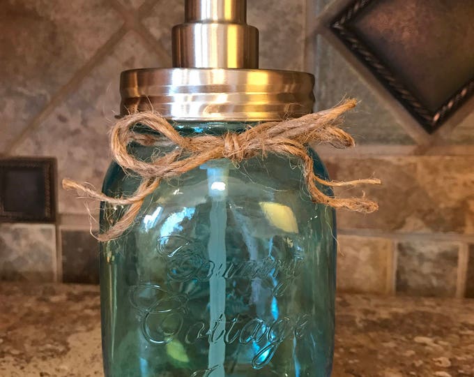 Jar Soap Dispenser Stainless Steel Silver *Clear SAPPHIRE Blue *Twine *Kitchen Bathroom Decor *Liquid Dish Soap Hand Lotion *Country Cottage