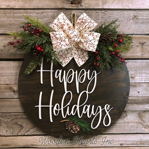 Happy Holidays Door Hanger Wreath, 16 Wood Round Pinecone Sign Greenery, Merry Christmas, Seasons Greetings, 3D Wood Lettering, Xmas Gift image 7