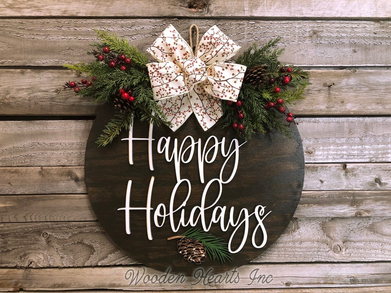 Happy Holidays Door Hanger Wreath, 16 Wood Round Pinecone Sign Greenery, Merry Christmas, Seasons Greetings, 3D Wood Lettering, Xmas Gift image 7