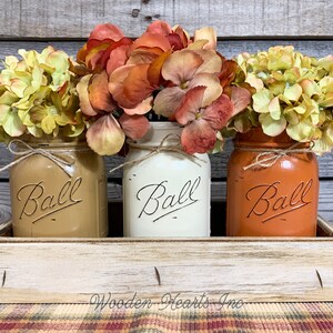 FALL MASON Jar Decor for Thanksgiving Centerpiece (Flowers optional) Antique Wood Tray + 3 Ball Painted Pint Jars, Halloween Table Decor