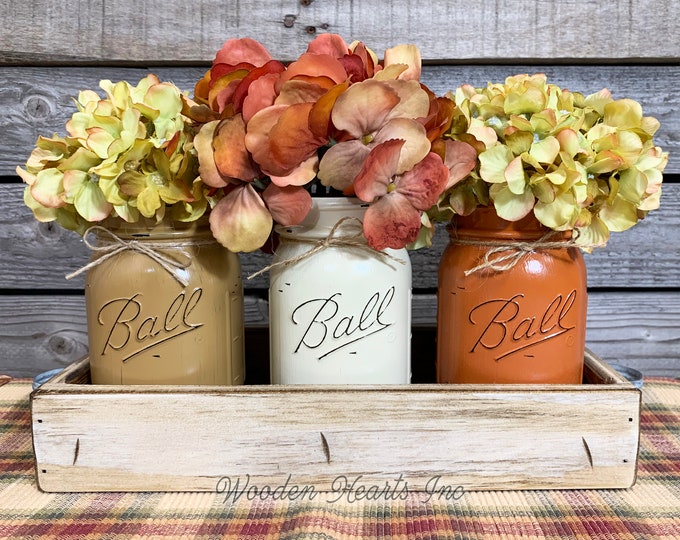 FALL MASON Jar Decor for Thanksgiving Centerpiece (Flowers optional) Antique Wood Tray + 3 Ball Painted Pint Jars, Halloween Table Decor