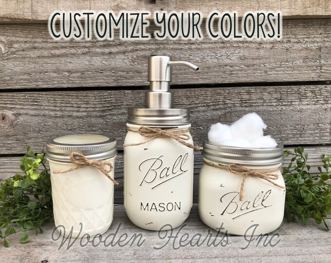 Soap Pump 3 piece Mason JAR SET Bathroom Decor Farmhouse, Lotion Dispenser Makeup Brush Toothbrush Holder Painted Ball Jars Kitchen Counter