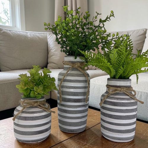 Striped Ceramic Vase with Faux Succulents, Farmhouse Style