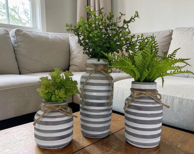 Striped Ceramic Vase with Faux Succulents, Farmhouse Style