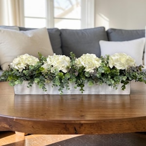 Farmhouse Table Centerpiece: Distressed Wood Tray with Hydrangeas