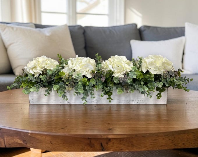 Farmhouse Table Centerpiece: Distressed Wood Tray with Hydrangeas