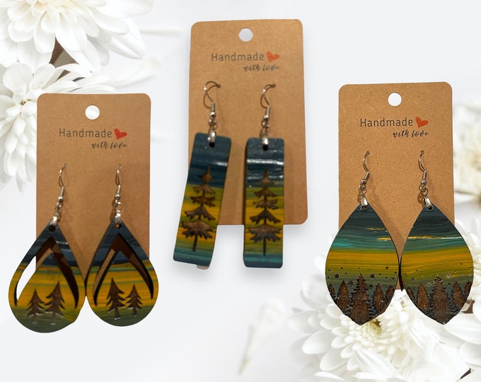 EARRINGS Summer Night engraved Pine Trees [Blue Greens Yellow] Stainless steel Hypo-Allergenic [ Hanging Teardrop Dangle Boho] Light weight