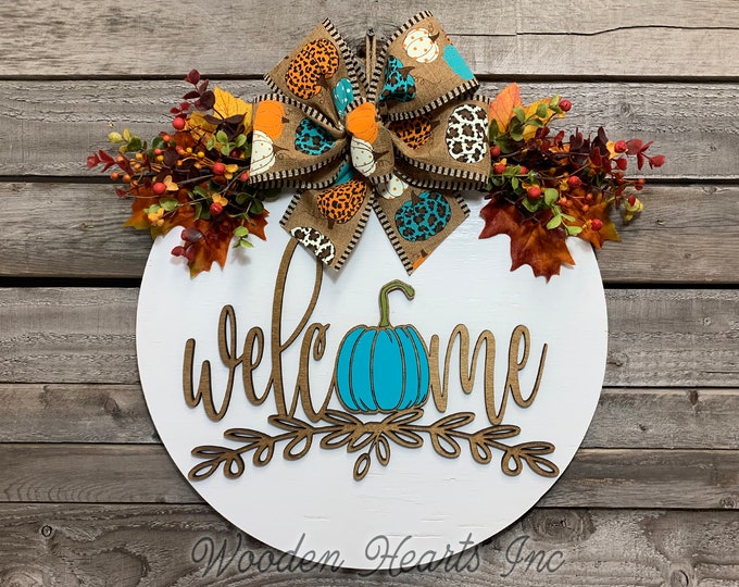 FALL Door Hanger Wreath, WELCOME Pumpkin, Wood Round Sign 16", 3D Wood Lettering, Bow Leaves with Berries, Fall Decor Sign, Blue, Brown