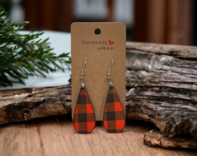 EARRINGS Buffalo Plaid [Red Black] Stainless steel Hypo-Allergenic [ Hanging Teardrop Dangle Boho] Light weight Wood