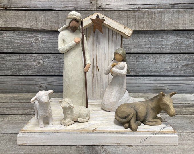 Nativity STABLE Wood CRECHE [fits Willow Tree Holy Family-NOT Included] Christmas Decor *Personalized Baby Manger Angel Stand Lights White