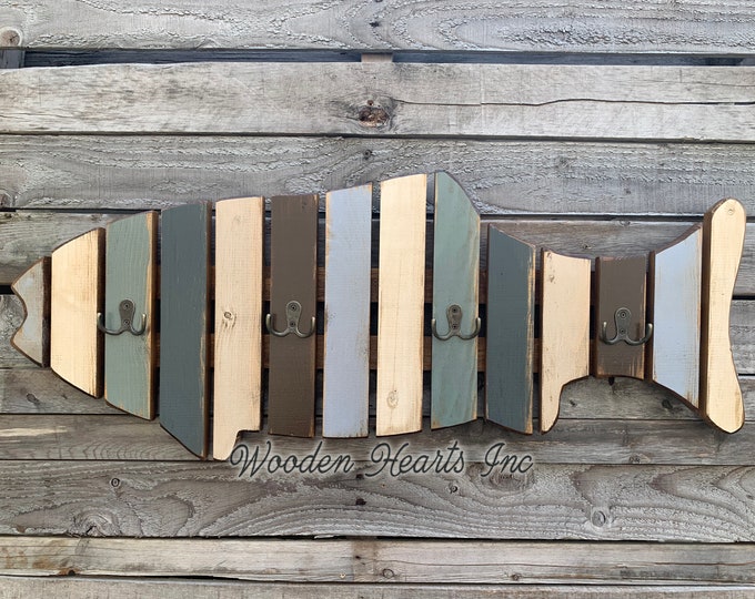 COAT RACK Wall FISH Shaped Reclaimed Wood metal Towel hooks Lake Home Cabin Coatrack Distressed Brown Blue Cream Cabin Fisherman Unique