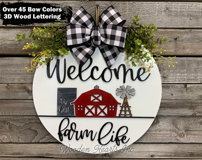 FARM Sign Wood, WELCOME to our Farm Life, Front Door Hanger 16" Round, Windmill Stripe 3D Wreath, Housewarming Wedding Anniversary Dad Gift