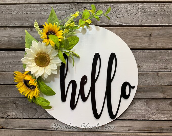 SUNFLOWER Sign, Hello 16" Round Door Fall Decor Wreath Wall Hanging, Front Door Sign, White Yellow, Welcome to our Home, Anniversary Gift