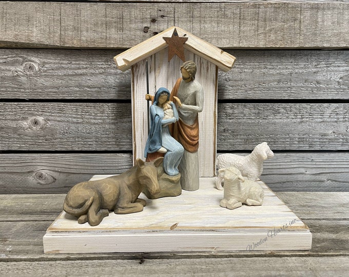 STABLE Wood CRECHE [fits Willow Tree Holy Family -NOT Included]  Nativity Christmas Decor *Personalized Baby Manger Angel Stand Lights White